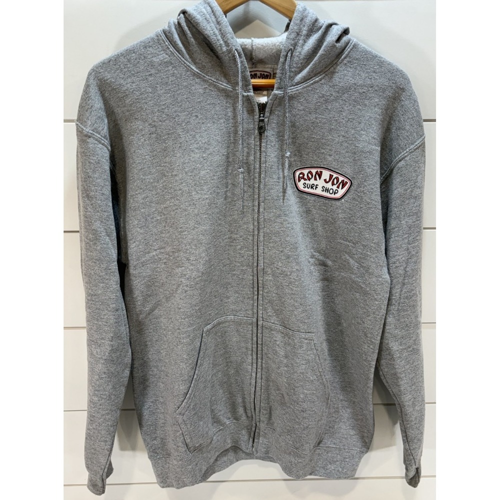 Vintage Ron Jon Surf Shop Graphic Logo Grey Full Zip Jacket Hoodie Size Medium M